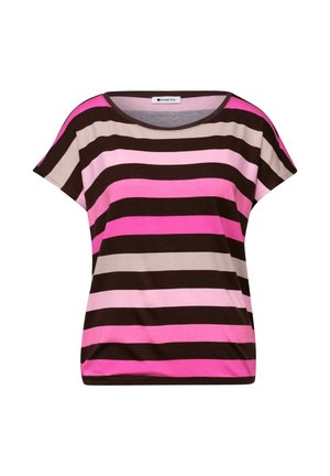 Kortærmet damebluse med brede vandrette striber i brun, lyserød og beige, med rund halsudskæring og løs pasform.