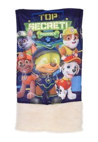 Dziecięcy szalik z pięcioma animowanymi psami ratunkowymi w mundurach oraz napisem "Tajna misja! Misja Pawsible" na niebieskim tle.