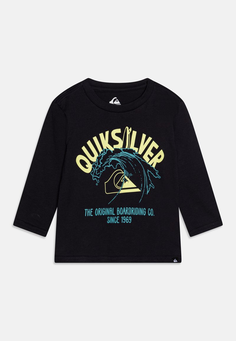 Black long-sleeve T-shirt featuring a graphic with text "Quiksilver" and wave design in yellow and blue. Cotton fabric, crew neck style.