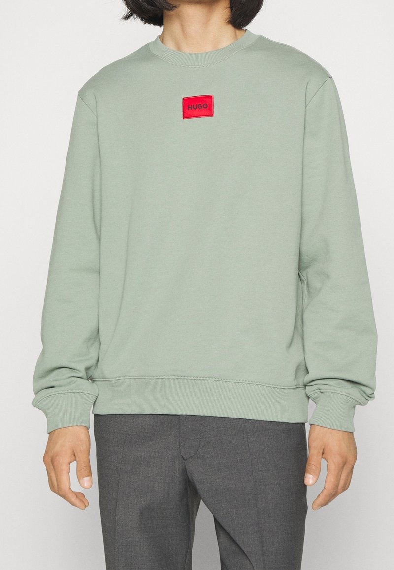 Felpa verde chiaro realizzata in tessuto morbido, con collo a giro e polsini a coste, e una patch rettangolare rossa con logo sul petto.