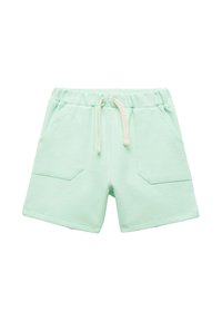 Lys grønne ribbede shorts i stof med elastisk talje, hvid snor og forreste stiklommer.