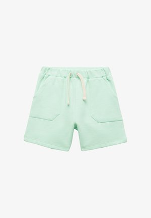 Helltürkise, gerippte Stoffshorts mit elastischem Bund, weißem Kordelzug und vorderen aufgesetzten Taschen.