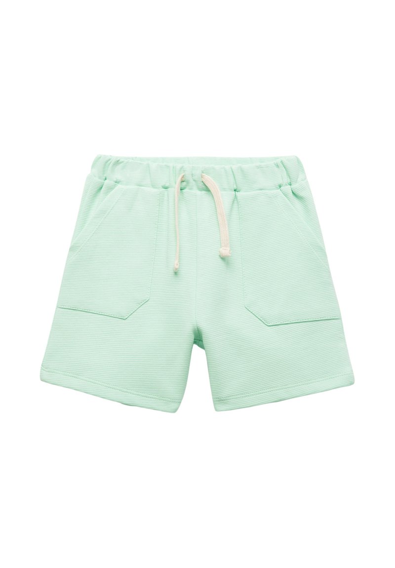 Lys grønne ribbede shorts i stof med elastisk talje, hvid snor og forreste stiklommer.