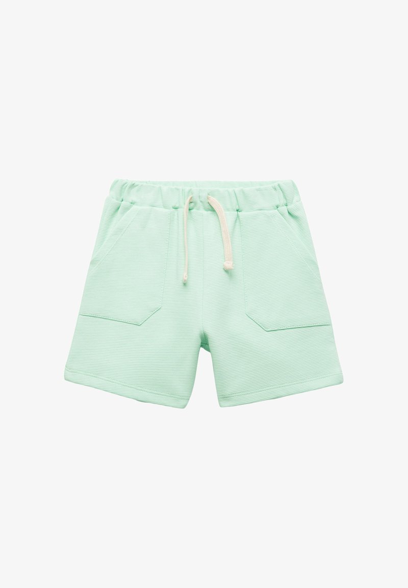 Lys grønne ribbede shorts i stof med elastisk talje, hvid snor og forreste stiklommer.