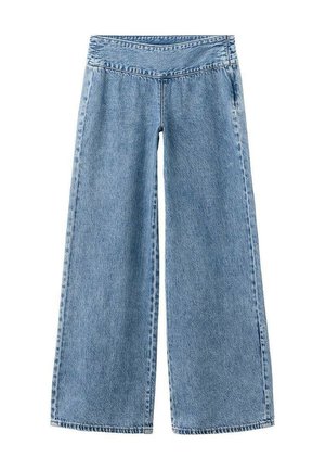 Svetlo modre široke kavbojke iz jeansa z visokim pasom in vidnim šivanjem vzdolž šivov in pasu.