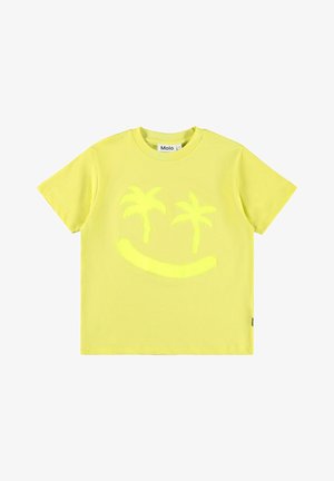 Gele katoenen T-shirt met een smiley gezicht en palmbomen. Korte mouwen en een ronde halslijn. Gedrukt label in de kraag.