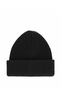 Black knit beanie with a ribbed texture, rounded top, and rolled cuff, made from soft material for warmth and comfort.