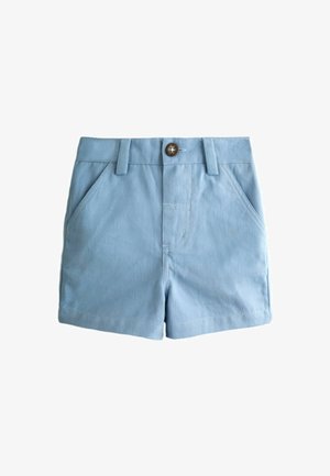 Pantaloncini in cotone azzurri chiaro con passanti per cintura, chiusura frontale con bottoni e tasche frontali inclinate su sfondo bianco.