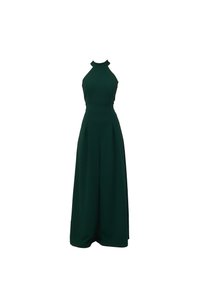 Πράσινο ολόσωμο φόρεμα με λαιμόκοψη halter, διαθέτοντας εφαρμοστό μπούστο και φαρδιά παντελόνια με πιέτες. Κατασκευασμένο από μαλακό, ρέον ύφασμα.