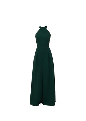 Grøn halterneck-jumpsuit med tætsiddende overdel og viddebenede bukser med plisseringer. Fremstillet af blødt, flydende stof.