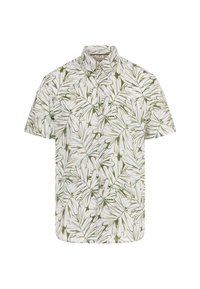 Camisa de botones de manga corta con un patrón de hojas verdes y blancas, fabricada en tejido ligero con un cuello estándar y cierre de botones.