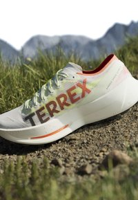 Weißer und orangefarbener Adidas Terrex Laufschuh, der auf Kies mit grünem Gras und Bergkulisse ruht.