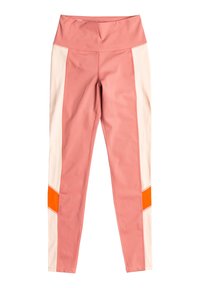 Leggings made of stretch fabric, featuring a high waistband, pink body, cream sides, and orange accent at the ankle for contrast.