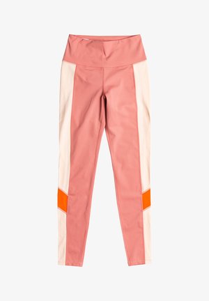 Colanți din material elastic, cu talie înaltă, de culoare roz, cu laterale crem și un accent portocaliu la gleznă pentru contrast.
