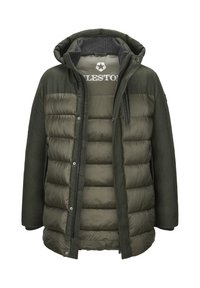 Olivgrüne Jacke mit gepolstertem Innenfutter und strukturierter Wollmischung außen. Verfügt über eine Kapuze und Frontreißverschlüsse und präsentiert ein modernes Design.