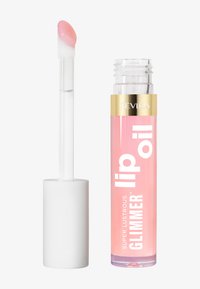 L'olio per labbra Revlon Super Lustrous Glimmer in un tubo trasparente con una sfumatura rosa. Presenta un applicatore bianco con punta arrotondata.