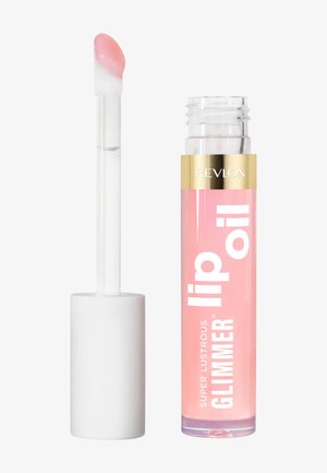 Revlon Super Lustrous Glimmer Lip Oil i en gennemsigtig tube med en lyserød nuance. Den har en hvid applikatorstang med en rund spids.