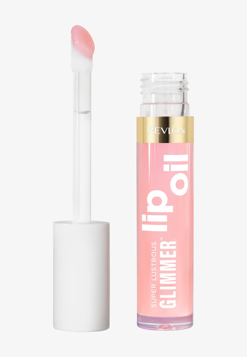 L'olio per labbra Revlon Super Lustrous Glimmer in un tubo trasparente con una sfumatura rosa. Presenta un applicatore bianco con punta arrotondata.