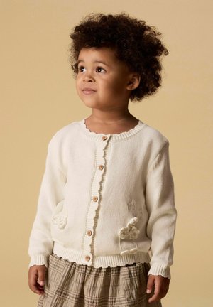 Mazs bērns ar cirtainiem matiem, valkājot krēmkrāsas ar pogām aizpogātu džemperi un bēša krāsas rūtainu svārku, skatās nedaudz uz augšu pret vienkāršu fonu.