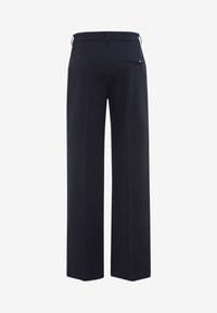 Pantalons à jambes larges en tissu bleu marine foncé avec une texture lisse, dotés d'une poche arrière et de passants de ceinture pour un ajustement ajustable.