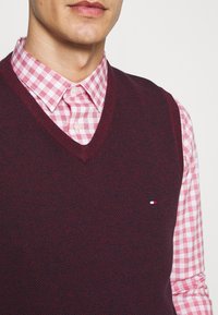 Bordeauxrode gebreide vest met een V-hals, gedragen over een rood-wit geruit overhemd met een kraag met knopen. Klein logo op het vest.