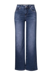 Jean large bleu foncé en denim, avec des accents de bijoux près des poches et une fermeture à bouton à l'avant. Texture lisse sur toute la surface.