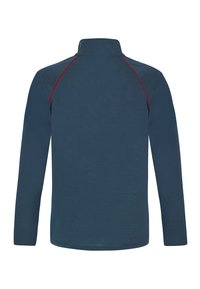 Langärmliges Oberteil aus marineblauem Fleece mit Stehkragen und roten Akzentnähten. Glatte Textur mit taillierter Passform für zusätzliche Wärme.