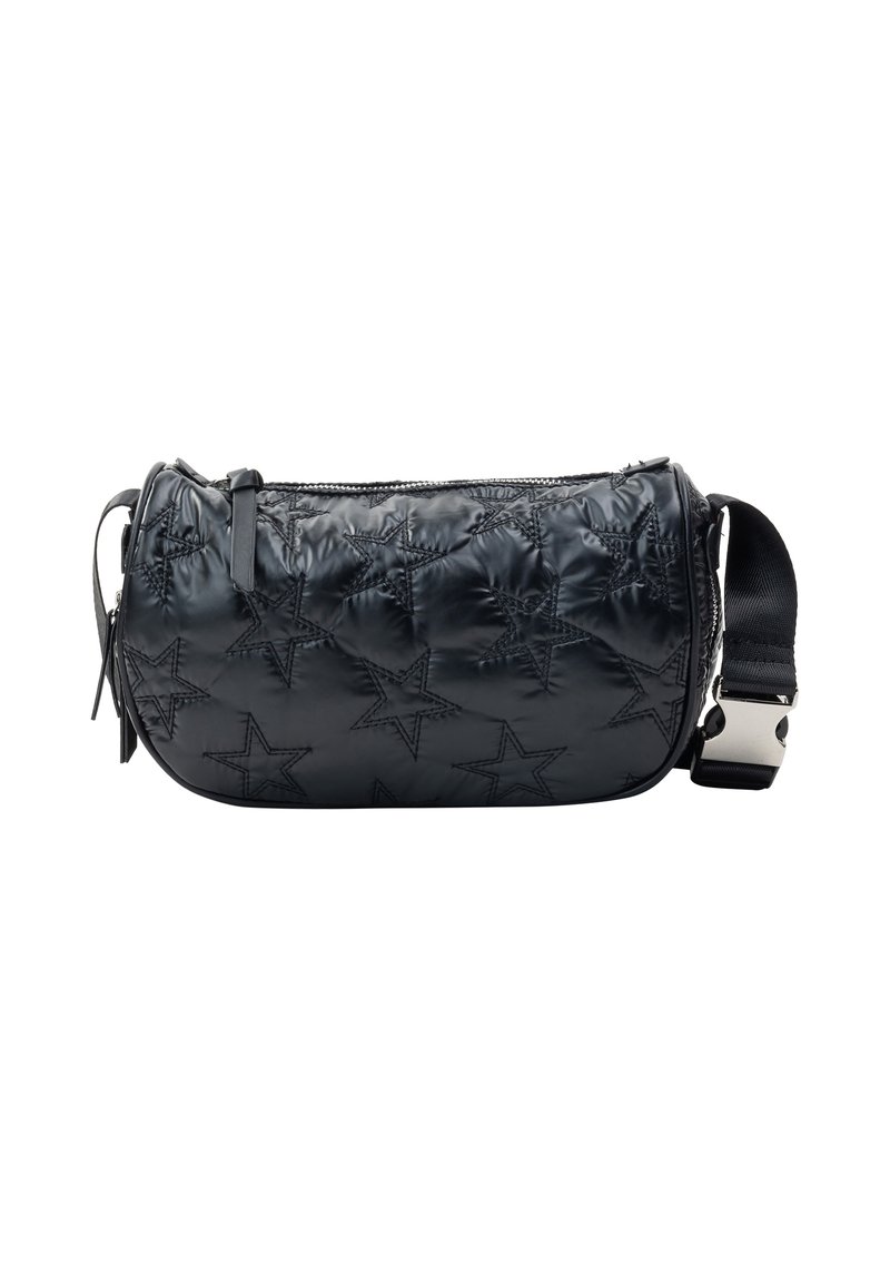 Sort, quiltet crossbody taske med stjerne mønster, lynlåslukning og justerbar rem med metalliske hardware detaljer. Glat, skinnende overflade.