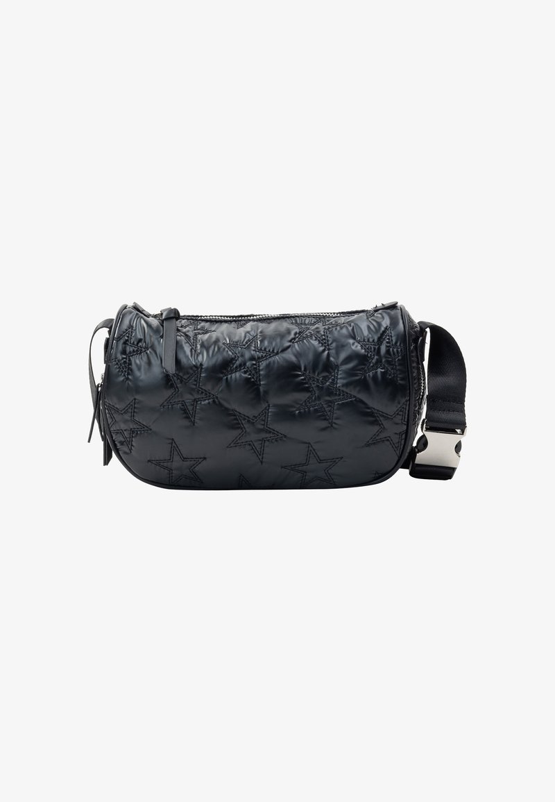 Sort, quiltet crossbody taske med stjerne mønster, lynlåslukning og justerbar rem med metalliske hardware detaljer. Glat, skinnende overflade.