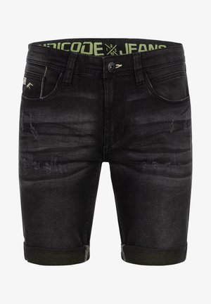 Czarne szorty dżinsowe o zniszczonym wyglądzie, z podwiniętym dołem, zielonym logo w pasie i dwoma kieszeniami.