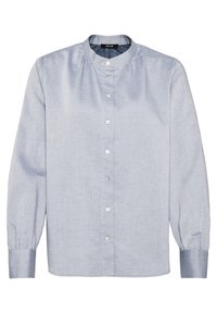 Blouse gris clair à manches longues avec col rond, fermeture boutonnée sur le devant, épaules froncées et poignets boutonnés.