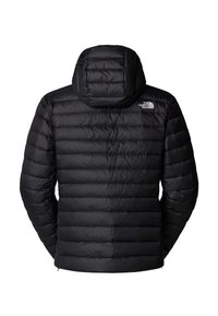 Black puffer jacket with horizontal quilted texture, hood, and The North Face logo on the upper left shoulder. Zippered closure at the bottom.