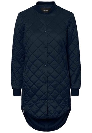 Navy quilted jacket with a round collar, snap buttons, long sleeves, and side zippers. Features a longer back hem and elastic cuffs.