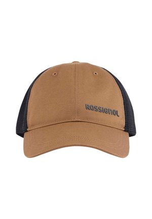 Brązowo-czarna czapka trucker z zakrzywionym daszkiem, tylnymi panelami z siateczki oraz logo „ROSSIGNOL” na przednim prawym panelu.