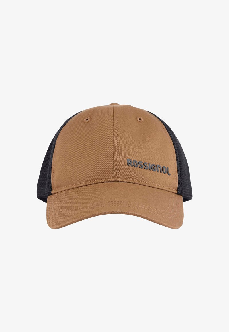 Casquette trucker marron et noire avec une visière incurvée, des panneaux arrière en maille et le logo "ROSSIGNOL" sur le panneau avant droit.
