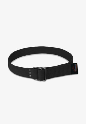 Black cotton belt with a textured finish, featuring a metal buckle and three adjustment holes. Logo tag on the side.