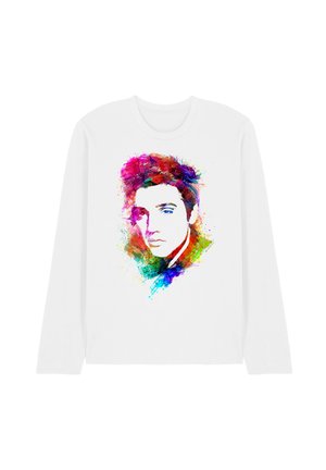 White long-sleeve shirt with a colorful, abstract watercolor portrait of a young man with styled hair and a serious expression on the front.