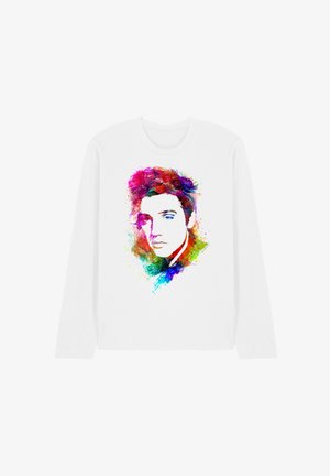 White long-sleeve shirt with a colorful, abstract watercolor portrait of a young man with styled hair and a serious expression on the front.