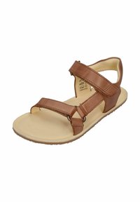 Braune Leder-Sandalen mit offenem Zehenbereich und verstellbaren Riemen über dem Fuß und Knöchel, gepolsterter beiger Innensohle und Gummisohle.