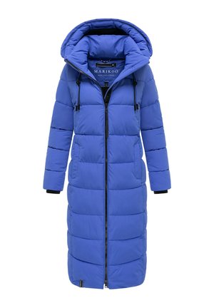 Long blue padded winter coat with hood, full front zipper, side pockets, and black drawstrings on the hood.