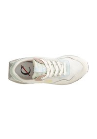 Leichte Sneaker mit einem weißen Synthesematerial-Obermaterial, pastellblauen und -roseroten Akzenten, strukturiertem Overlay und gepolstertem Zungenbereich. Mit rundem Logo innen.