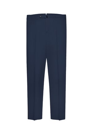 Marineblauwe op maat gemaakte pantalon met voorplooien, riemlussen, knoop- en ritssluiting, weergegeven tegen een witte achtergrond.