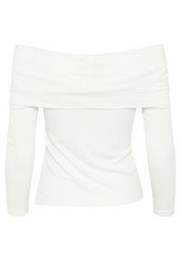 Weißes Off-Shoulder-Top mit langen Ärmeln, aus geripptem Stoff, mit einem breiten, gerafften Ausschnitt und figurbetontem Schnitt.