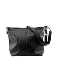 Zwarte leren handtas met een gestructureerde afwerking, verstelbare schouderband en een subtiele Italiaanse vlagaccent. Open bovenkant zonder zichtbare sluitingen.