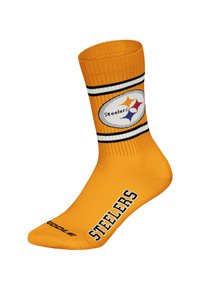 Gelbe Baumwollsocke mit geripptem Bündchen, versehen mit einem runden Logo mit dem Schriftzug "Steelers" und einem dreisternigen Design auf der Vorderseite sowie schwarzen Streifen.