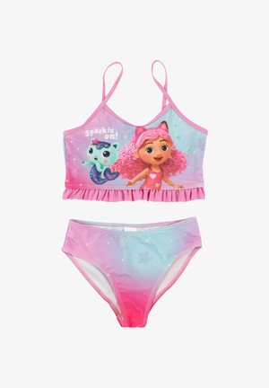 Costume da bagno a due pezzi per ragazze con spalline rosa, bordatura arricciata e personaggi dei cartoni animati colorati con la scritta "Brilla!" sulla parte superiore.