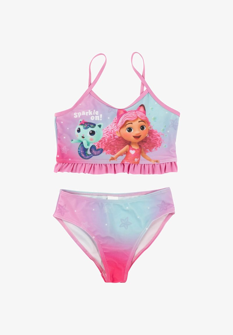 Girls' two-piece swimsuit with pink straps, ruffle trim, and colorful cartoon characters with "Sparkle on!" text on the top.