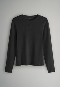 Schwarzes langärmliges T-Shirt aus Rippmaterial, mit Rundhalsausschnitt, geradem Saum und ohne sichtbare Muster oder Akzente.