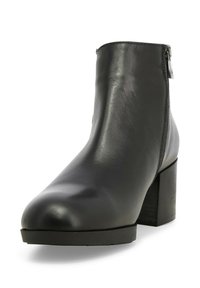 Stivaletto in pelle nera con punta tondeggiante, zip laterale e tacco a blocco con texture, caratterizzato da una finitura liscia e lucida.