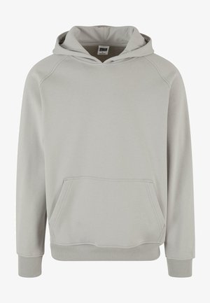 Light gray hoodie with a drawstring hood, front pocket, ribbed cuffs, and hem. Made from soft, textured fabric with a relaxed fit.